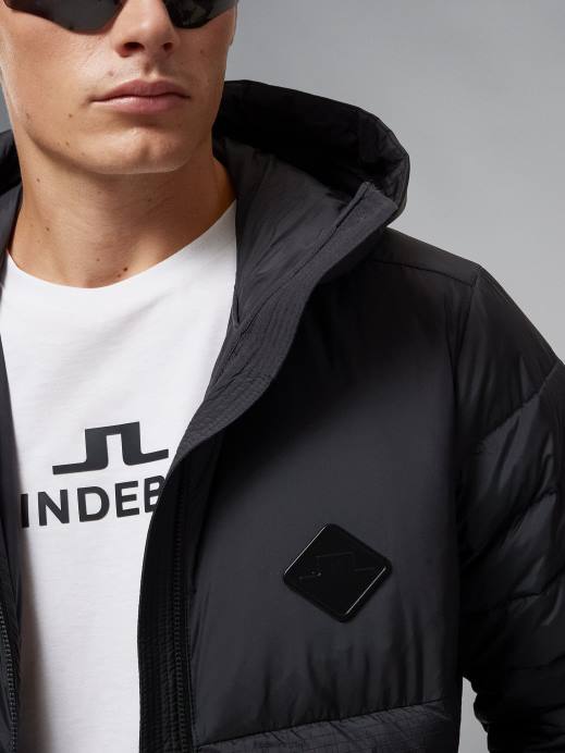 Men J.Lindeberg Black Hybrid Text Down Jacket Clothing 8R622438