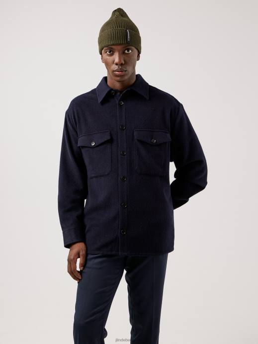 Men J.Lindeberg Navy Flat Wool Loose Fit Overshirt Clothing 8R622500