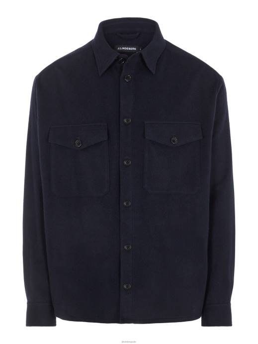 Men J.Lindeberg Navy Flat Wool Loose Fit Overshirt Clothing 8R622500