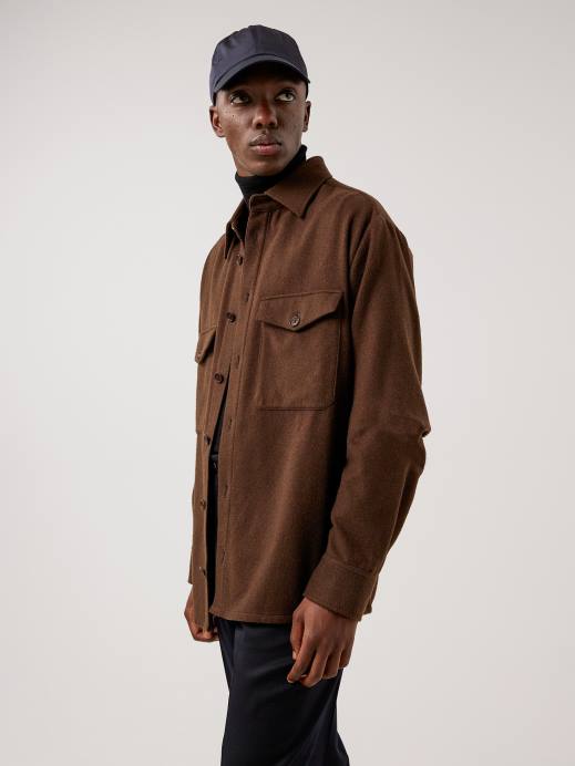 Men J.Lindeberg Umber Brown Flat Wool Loose Fit Overshirt Clothing 8R622499