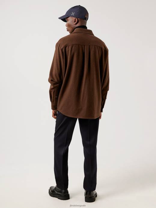Men J.Lindeberg Umber Brown Flat Wool Loose Fit Overshirt Clothing 8R622499