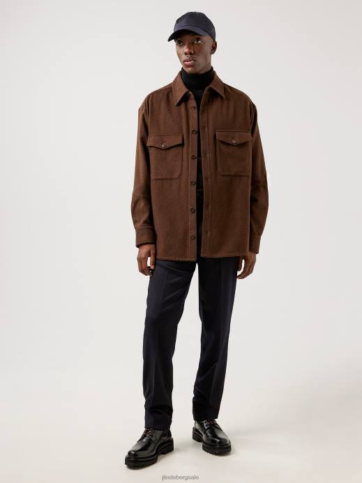 Men J.Lindeberg Umber Brown Flat Wool Loose Fit Overshirt Clothing 8R622499
