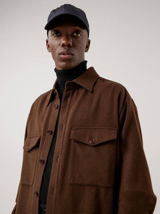 Men J.Lindeberg Umber Brown Flat Wool Loose Fit Overshirt Clothing 8R622499