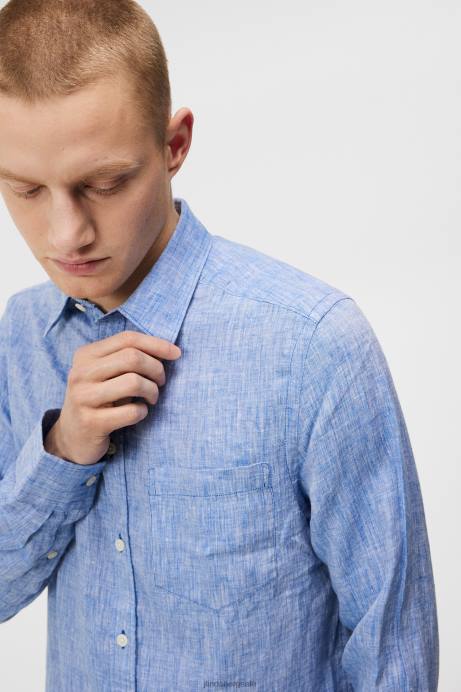 Men J.Lindeberg Lapis Blue Linen Melange Long Sleeve Slim Shirt Clothing 8R621180