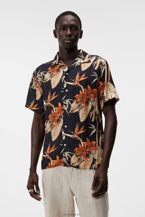 Men J.Lindeberg Navy Elio Tropical Print Shirt Clothing 8R621170
