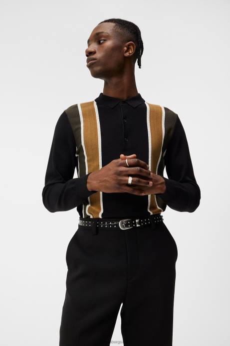 Men J.Lindeberg Black Heden Striped Knitted Polo Clothing 8R621017