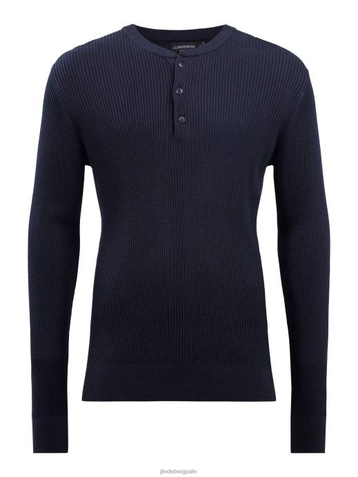 Men J.Lindeberg Navy Hawk Rib Knitted Henley Clothing 8R622357