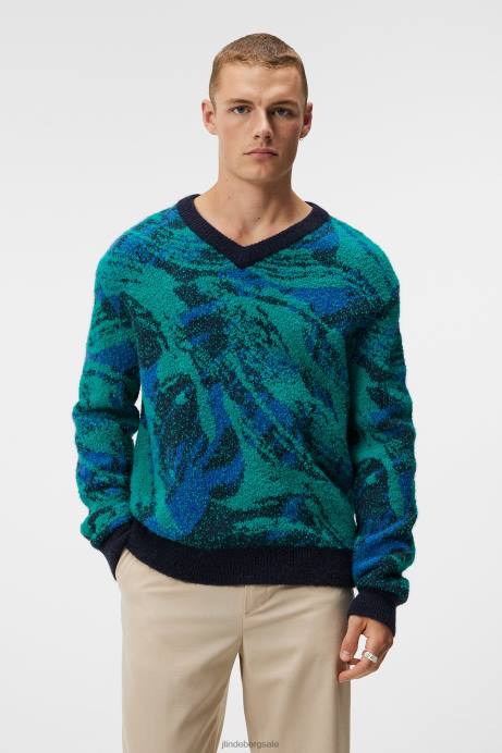 Men J.Lindeberg Navy Valley Trestle Jacquard V-Neck Sweater Clothing 8R62995