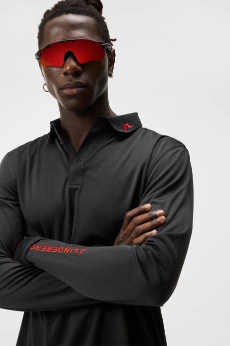 Men J.Lindeberg Black Melange Tour Tech Long Sleeve Polo Clothing 8R62107