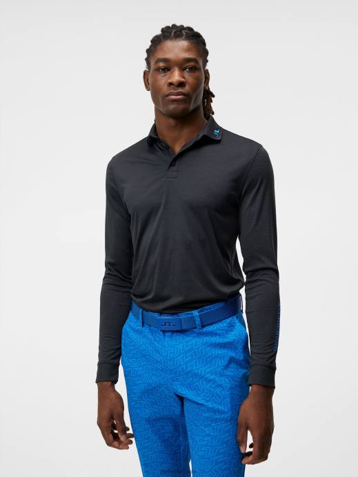 Men J.Lindeberg Black Melange Tour Tech Long Sleeve Polo Clothing 8R62271