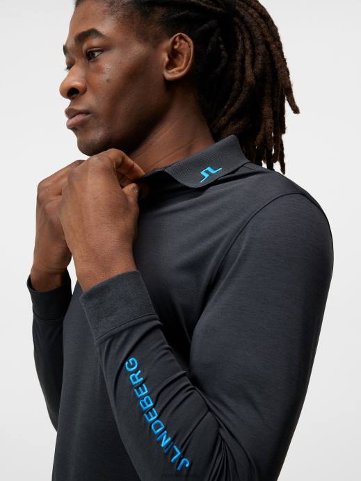 Men J.Lindeberg Black Melange Tour Tech Long Sleeve Polo Clothing 8R62271