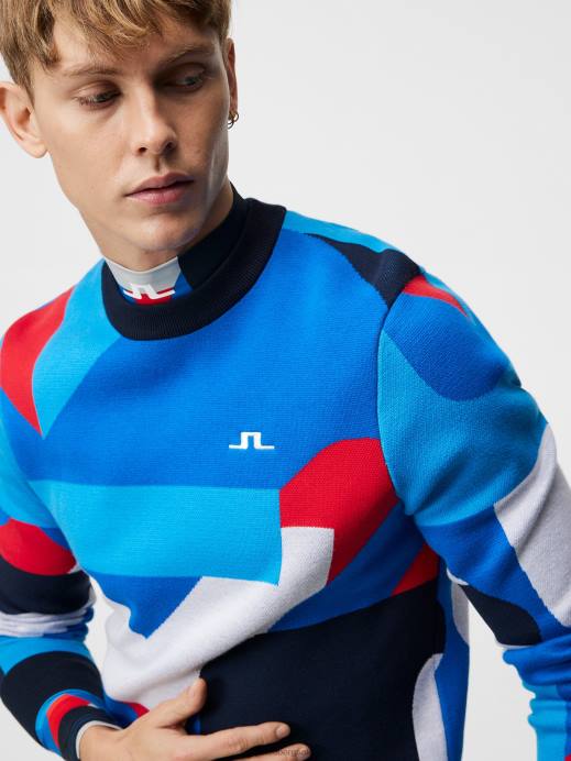 Men J.Lindeberg Brilliant Blue Big Bridge Fela Knitted Sweater Clothing 8R62582