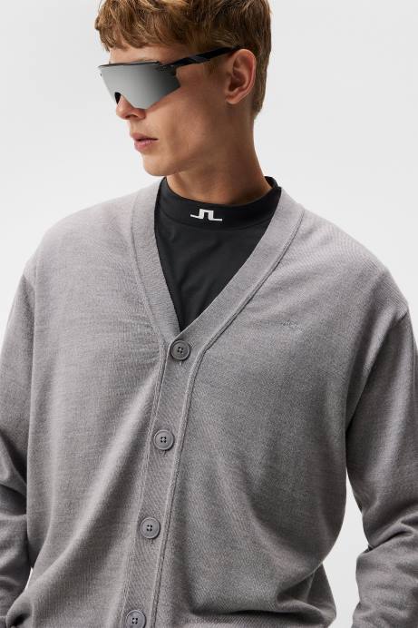 Men J.Lindeberg Grey Melange Lucas Knitted Cardigan Clothing 8R62549