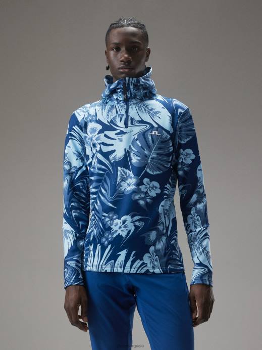 Men J.Lindeberg Hibiscus Blue Aerial Print Quater Hood Clothing 8R62660