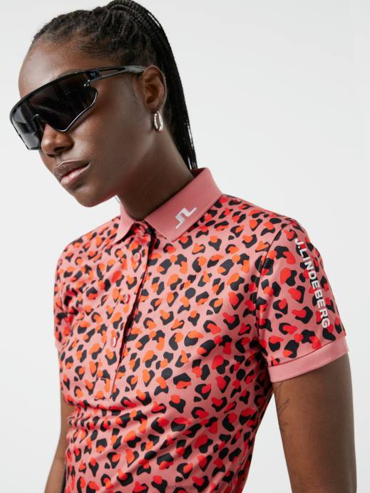 Women J.Lindeberg Faded Rose Animal Tour Tech Print Golf Polo Clothing 8R622620