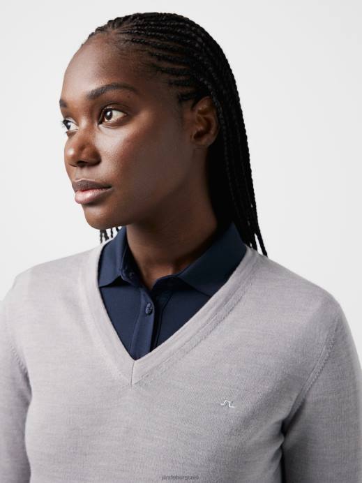 Women J.Lindeberg Grey Melange Amaya V-Neck Golf Sweater Clothing 8R622837