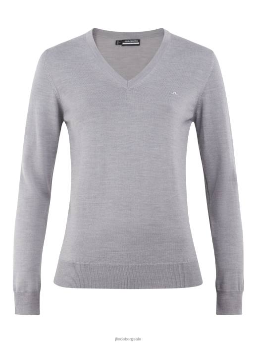 Women J.Lindeberg Grey Melange Amaya V-Neck Golf Sweater Clothing 8R622837