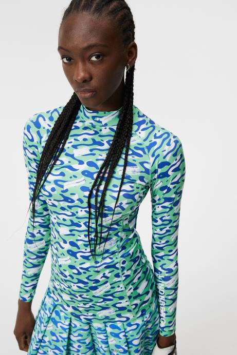 Women J.Lindeberg Caldera Jade Cream Asa Print Compression Top Clothing 8R621368